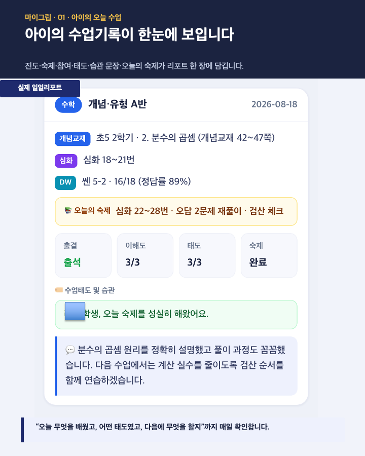 매쓰그립 수학 일일리포트 실제 화면